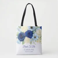 Navy Royal Bue Wedding Watercolor Ivory Flowers Tote Bag