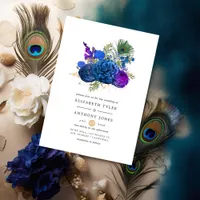 Navy Blue and Gold Vintage Peacock Floral Wedding Invitation