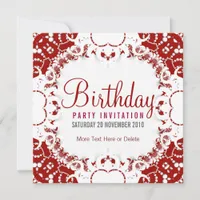 Red White digi-Lace Party Birthday Invitation