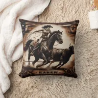 Cowgirl Roping Cattle at the Rodeo Throw Pillow