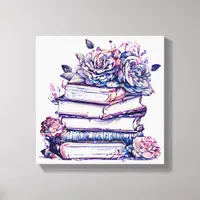 Stack of Old Vintage Books with Roses on Top Canvas Print