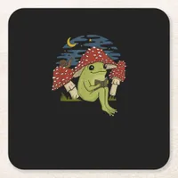 Frog Mushroom Hat Reading Book - Cottagecore Gobli Square Paper Coaster