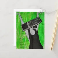 Surreal Alarm Clock Head Woman on Bright Green Postcard