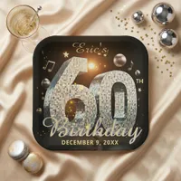 Black Gold Disco Ball Music Notes 60th Birthday Paper Plates