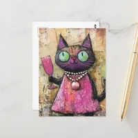 Adorable Cat With Drink In Hand Postcard