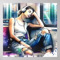 Woman Sleeping on the Subway Listening to Music Poster