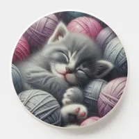 Cute Gray and White Kitten Napping in Yarn PopSocket