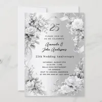 25th wedding anniversary silver florals invitation