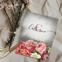 Vintage Flowers On Black White Name and Monogram Planner