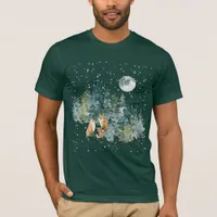 Fox Family Forest Full Moon Snowfall T-Shirt