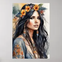 Bohemian Art Portrait of Woman with Floral C Poster