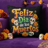 Colorful Day of the Dead Candy Skulls Marigolds Throw Pillow