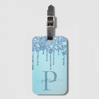 Glam Blue Glitter Drips Elegant Monogram  Luggage  Luggage Tag