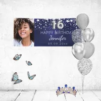 Sweet 16 navy blue silver stars photo party banner