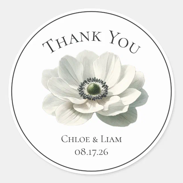 Elegant Anenome Flower Wedding Black & White Classic Round Sticker