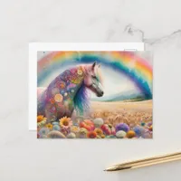 Colorful Mustang under a Rainbow Wildflower Meadow Postcard