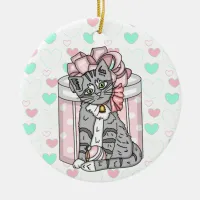 Personalized Merry Christmas Gray Kitten Pink Bow  Ceramic Ornament