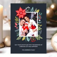 Navy Modern Floral Christmas Blessings Photo Card