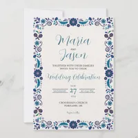 Mexican Navy White Floral Elegant Classic Wedding Invitation