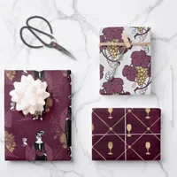 Vintage Paris Wine Themed Burgundy and Gold Wrapping Paper Sheets