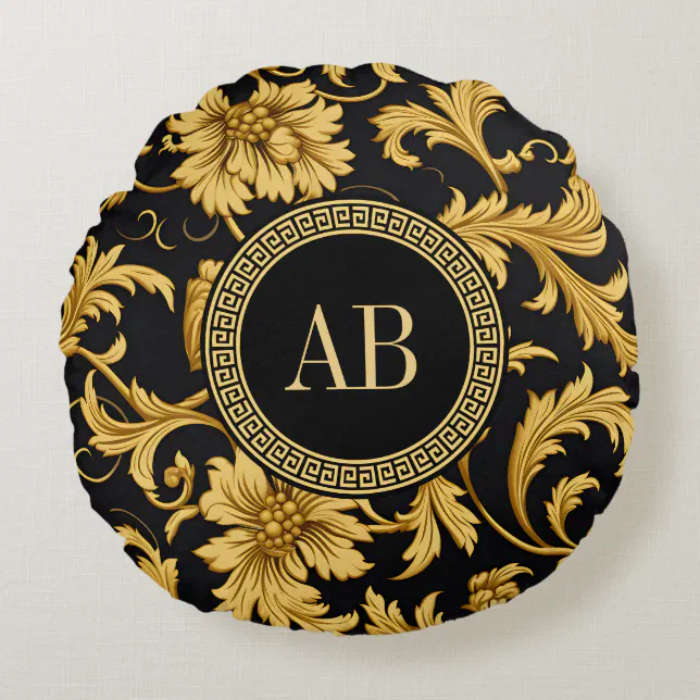 Monogram Black Gold Classy Elegant Pattern Round Pillow