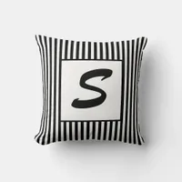 Black White Stripes Modern Monogram Throw Pillow