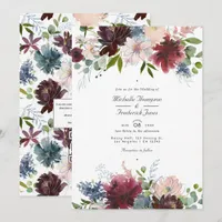 Burgundy, Navy and Blush Floral QR Code Wedding Invitation