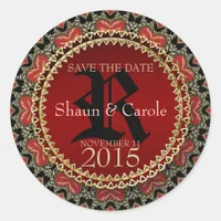 Red Gothic Hearts Monogram Save the Date Sticker