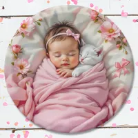 Pink Floral Baby Girl and White Kitten Paper Plates