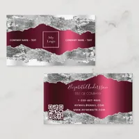 Silver burgundy agate marble logo QR code Business Card