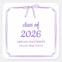 Elegant Whimsical Bow Purple Custom Graduation Square Sticker