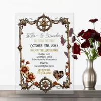 Gold Metal Steampunk Flowers and Photo Wedding Acrylic Invitations