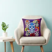 Sugar Skulls Colorful Roses Cinco All Souls Throw Pillow