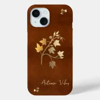 Autumn vibes golden vine branch brown leather iPhone 15 case