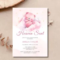 Watercolor Pink Bear Heaven Sent Girl Baby Shower Invitation