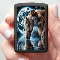 Cowgirl’s Tranquil Rest Beside the Moonlit Lake Zippo Lighter