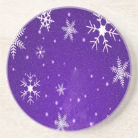 White Snowflakes with Blue-Purple Background Drink Coaster