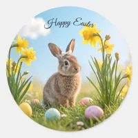 Cute Easter Bunny and Daffodil  Classic Round Sticker