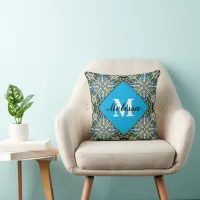 Pretty Blue & White Pattern Custom Name Monogram  Throw Pillow