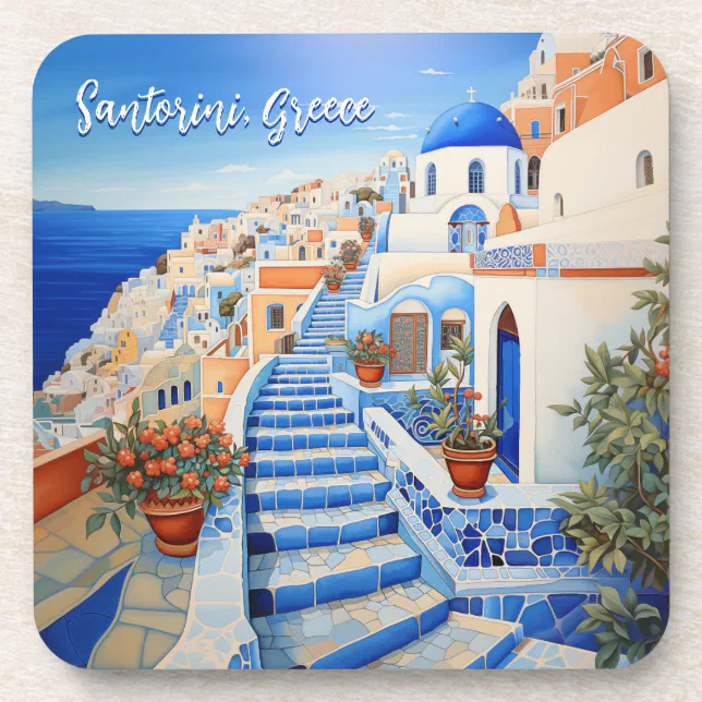 Santorini Island Illustration | Travel Art Beverage Coaster