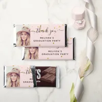 Graduation party blush rose gold photo script hershey bar favors