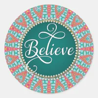 Believe : Inspire : Aqua Teal Coral Mandala Circle Classic Round Sticker