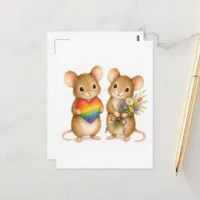 Adorable Mice with Rainbow Heart and Flowers Postcard