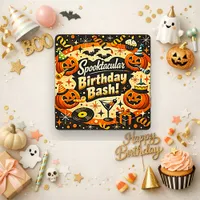 Retro Spooky Orange Black Halloween Birthday Bash Card