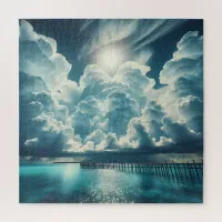 Beautiful Ocean, Dock and Fluffy Clouds Jigsaw Puzzle