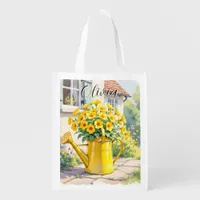 Pretty Yellow Flowers in Watering Can Personalized Grocery Bag