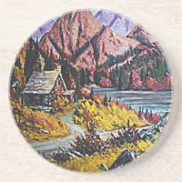 Cabin by the Lake Oil Painting Coaster