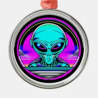 Extra Terrestrial Alien Flying a UFO Metal Ornament