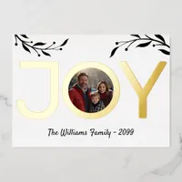 Simple elegant minimalistic JOY photo black white Foil Holiday Card