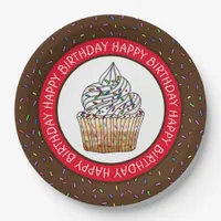 Happy Birthday Cartoon Vanilla Cupcake    Paper Plates